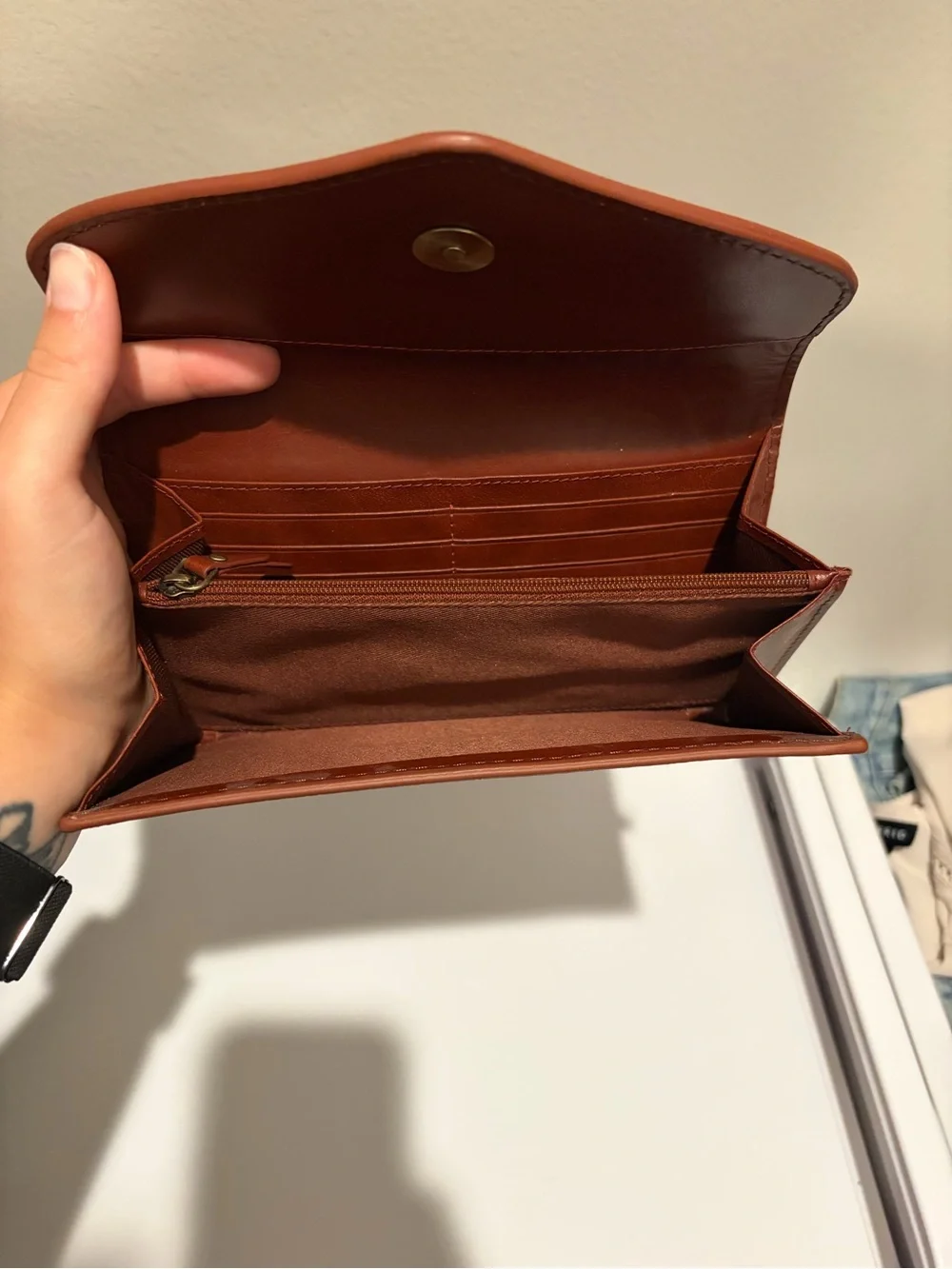 Brown Tooled Leather Wallet Clutch with Turquoise Accents